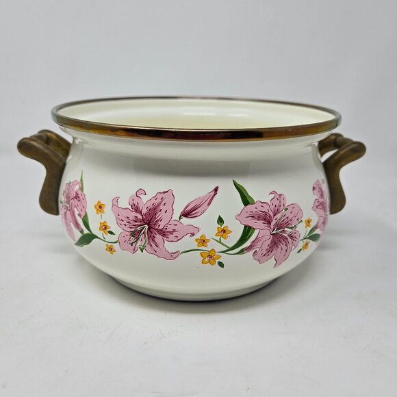 Normandy Taiwan Vintage Lily Floral Enamelware Soup Tureen Pot With Lid & Brass - Picture 8 of 10